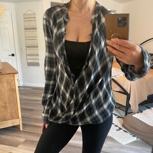 BLANK NYC Grey Black White Plaid Surplice Top